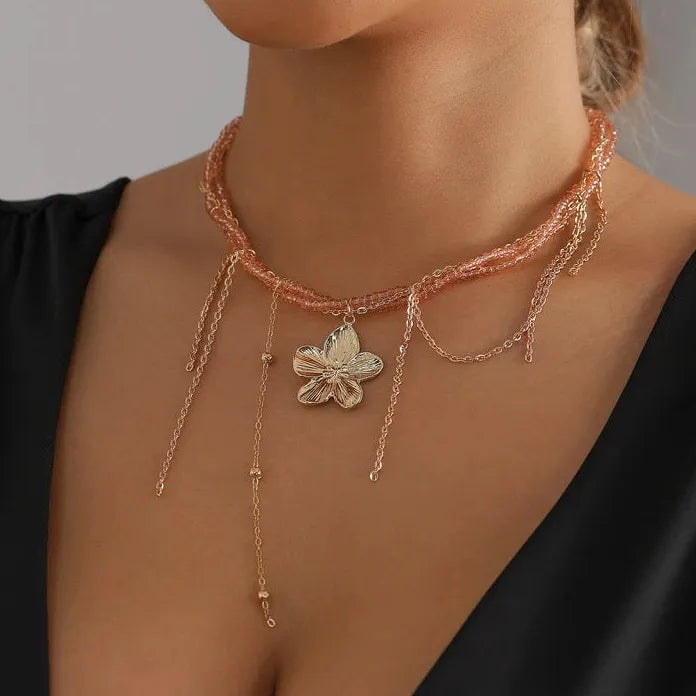 Pink Resin Flower Pendant Necklace Tassel Choker for Women