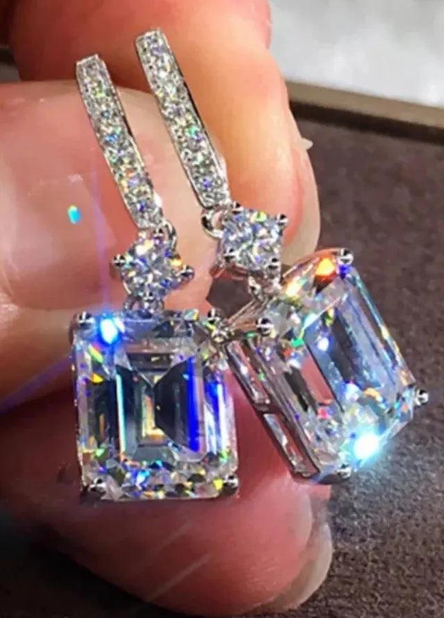 Elegant Cuboid Cubic Zirconia Dangle Earrings Silver Plated Jewelry