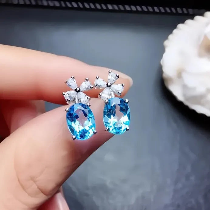 Sky Blue Cubic Zirconia Geometric Flower Stud Earrings for Women