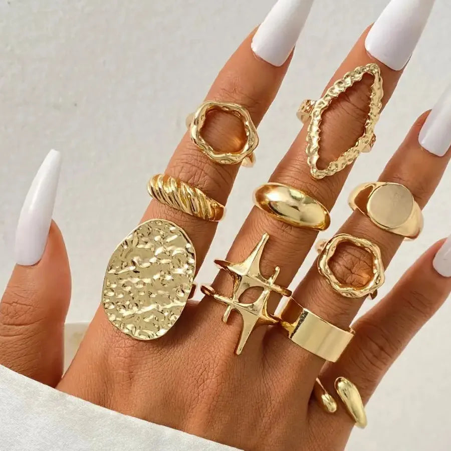 10Pcs Vintage Punk Gold Metal Star Open Rings for Women Party Jewelry Gift