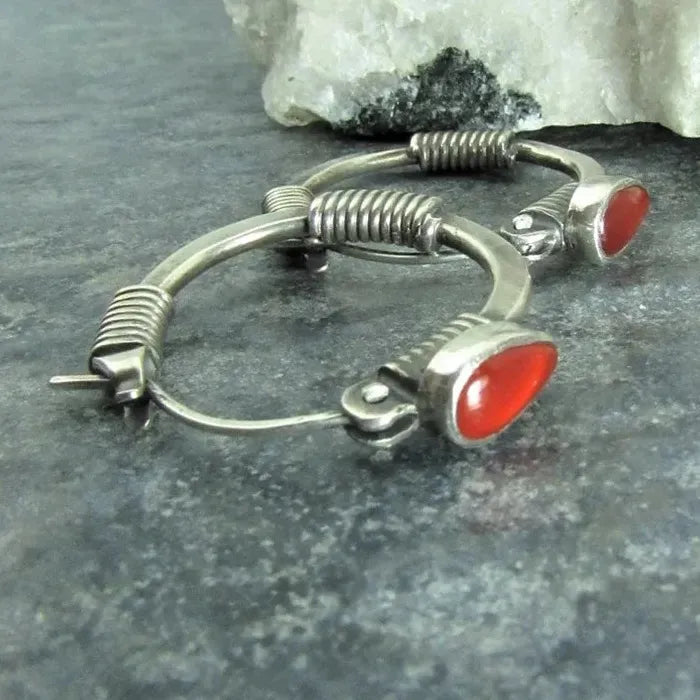 Ethnic Redstone Carving Pattern Zinc Alloy Ring Earrings Vintage Jewelry Women Banquet
