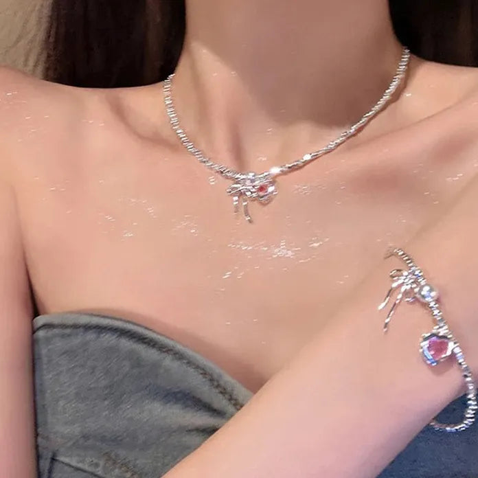 Y2K Pink Zircon Bowknot Necklace & Bracelet Set for Women Zinc Alloy