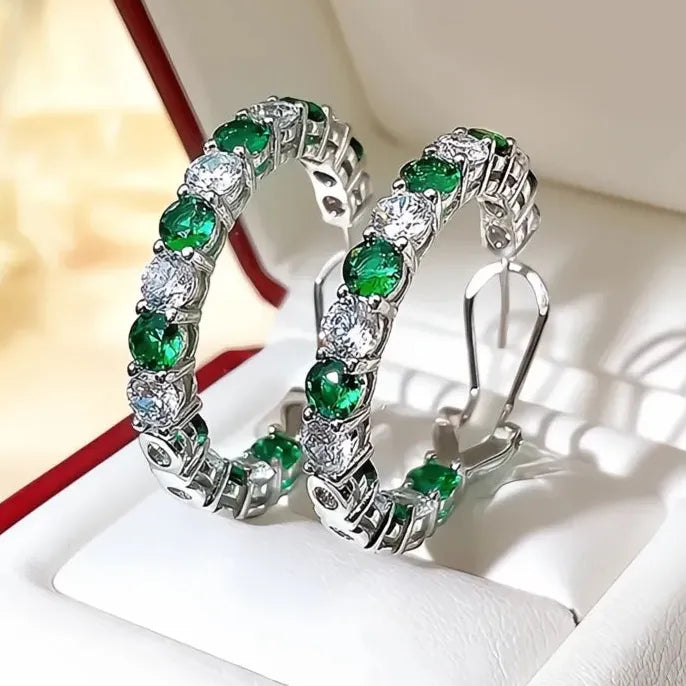 Geometric Hoop Earrings with Green Blue Cubic Zirconia in Copper Alloy