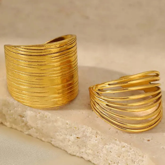 Adjustable Stainless Steel Hollow Geometric Open Ring for Women Gold Jewelry