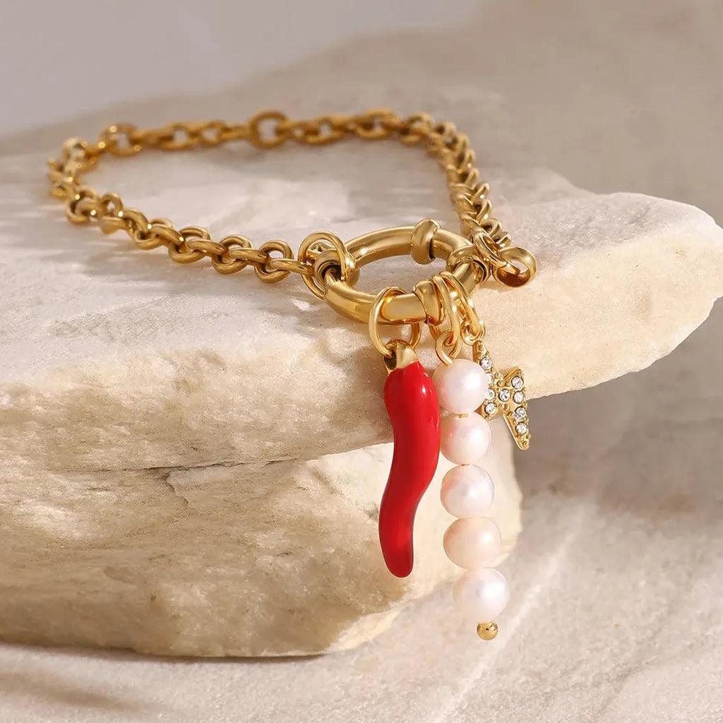 18k Gold Plated Red Chili Pepper Pearl Charm Bracelet Stainless Steel Women Jewelry