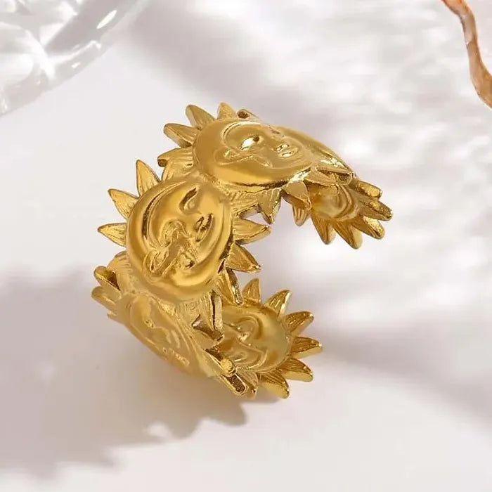 Gold Stainless Steel Geometric Sunflower Opening Ring for Women Men Jewelry