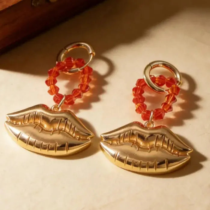 Large Red Beaded Lip Drop Earrings for Women Bold Statement Jewelry