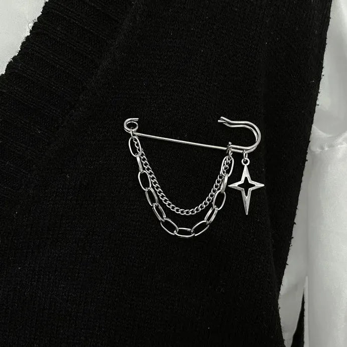 Zinc Alloy Punk Star Pendant Brooch with Double-Layer Tassel Chain for Women