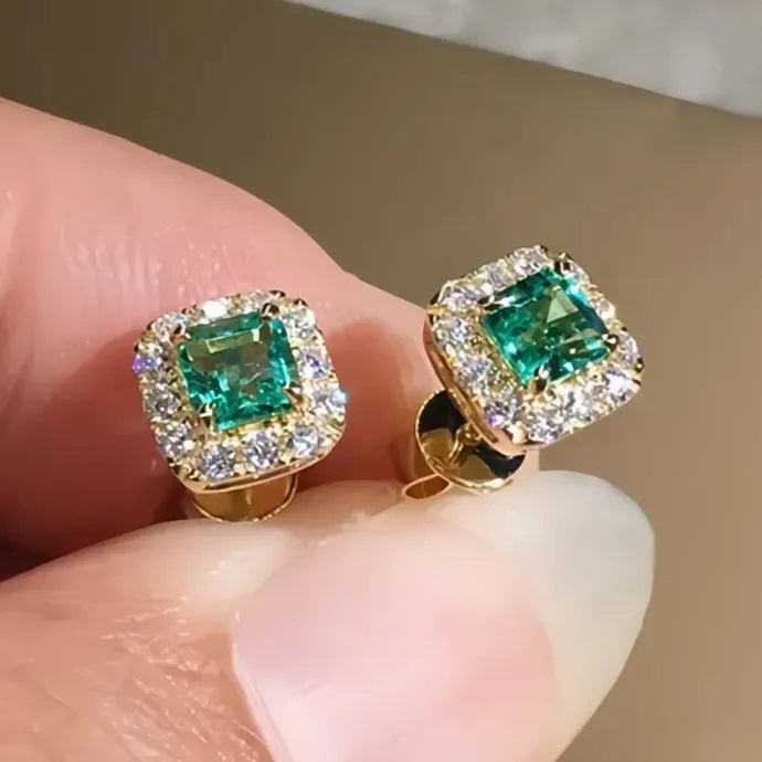 Green CZ Square Stud Earrings Gold Color Brass Luxury Wedding Jewelry
