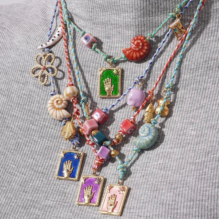 Multi-Color Oil Drip Enamel Tarot Card Pendant Necklace Stainless Steel Chain