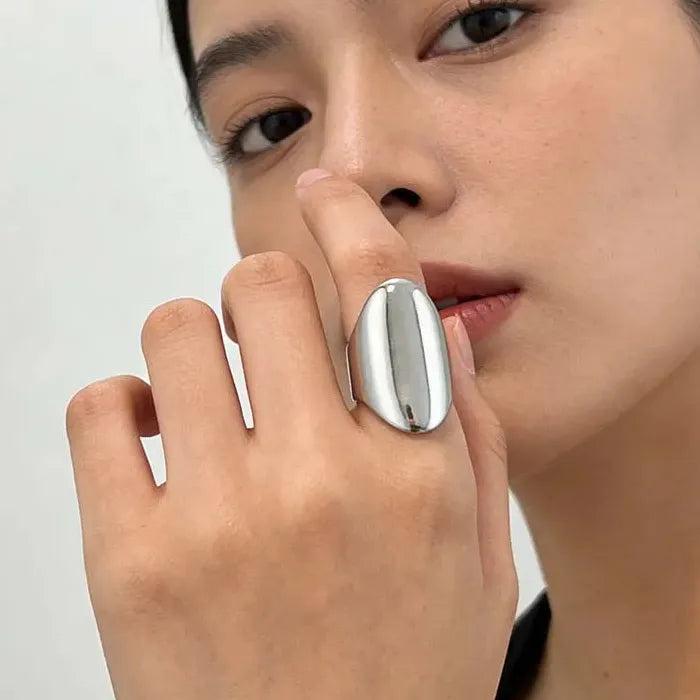 Adjustable Vintage Geometric Stainless Steel Wide Oval Ring for Women Gold Tone
