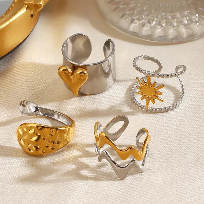 Adjustable Stainless Steel Geometric Heart Flower Ring for Women Jewelry Gift