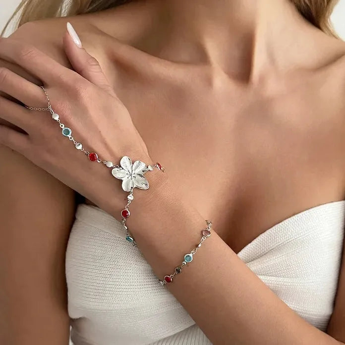 Boho Flower Pendant Necklace & Adjustable Crystal Chain Bracelet Set