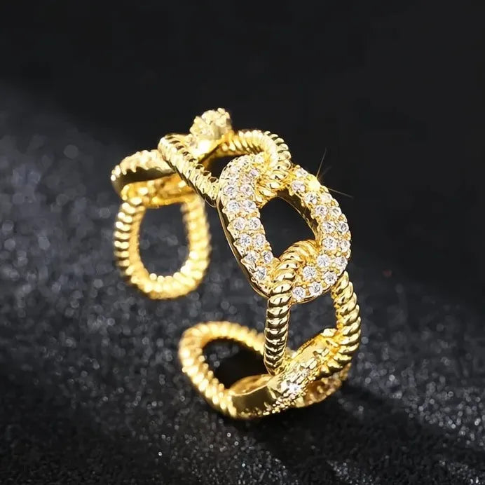 Adjustable Gold Brass CZ Chain Link Geometric Ring for Women