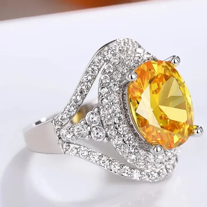 Luxury Yellow & White Oval Cubic Zirconia Cocktail Ring Jewelry