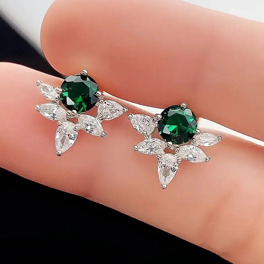 Green Geometric Cubic Zirconia Copper Alloy Stud Earrings for Women
