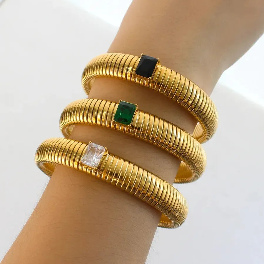 Hip Hop 18K Gold Plated Stainless Steel Wide Cuff Bracelet Crystal Bangle Jewelry