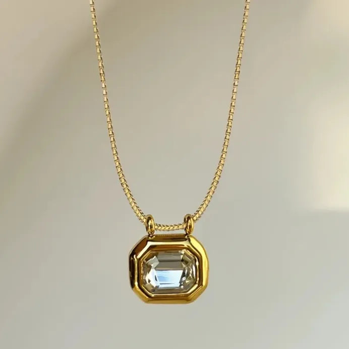 Elegant Geometric CZ Crystal Pendant Necklace for Women Wedding Jewelry Gold Tone
