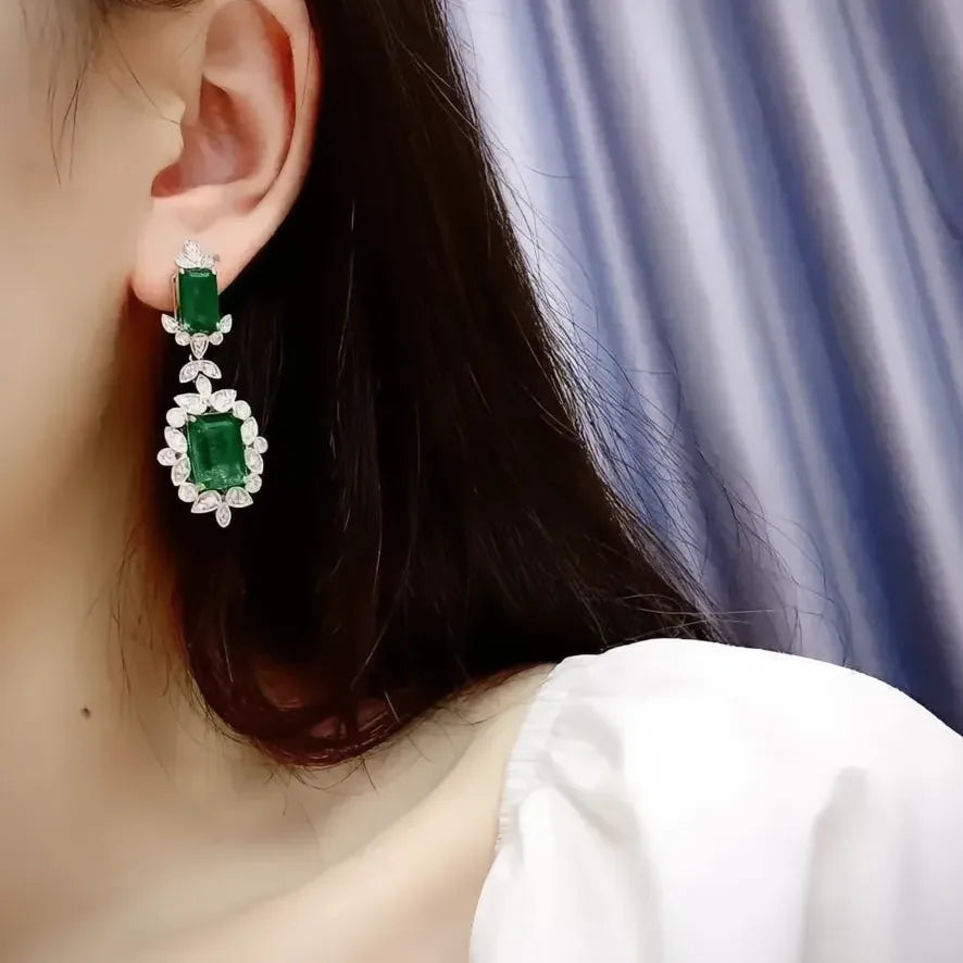 Green Geometric Cubic Zirconia Drop Earrings for Women Wedding Gift Jewelry
