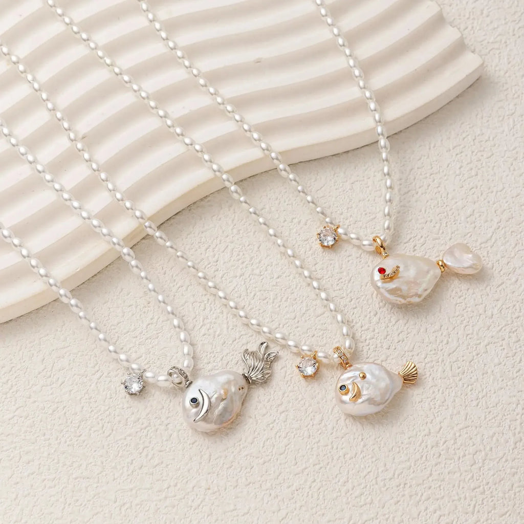 Geometric Irregular Freshwater Pearl Necklace Pink Fish Crab Pendant Choker Jewelry