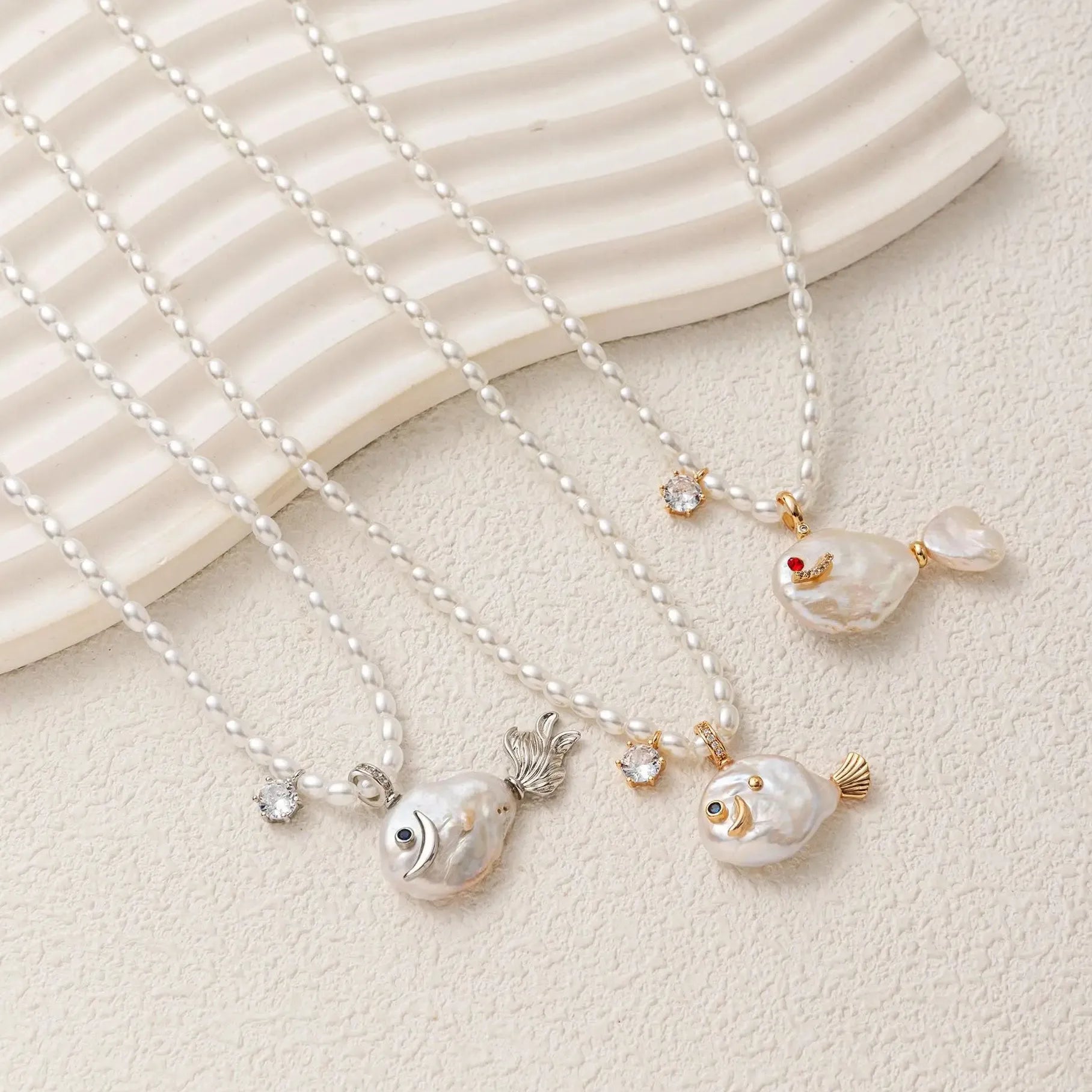 Geometric Irregular Freshwater Pearl Necklace Pink Fish Crab Pendant Choker Jewelry