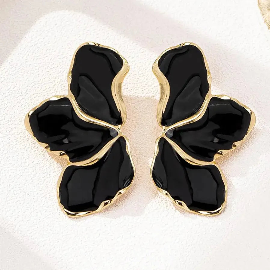 Vintage Black Enamel Flower Leaf Stud Earrings for Women Nature Jewelry