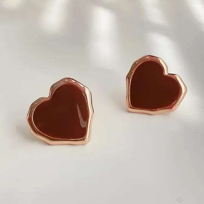 Romantic Red Heart Gold Color Copper Alloy Stud Earrings for Anniversary
