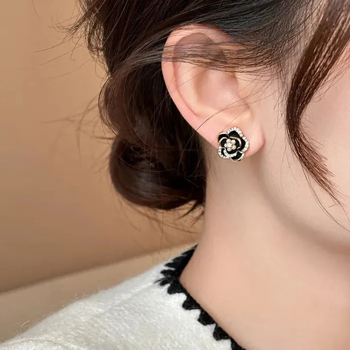 Dripping Zircon Pearl Flower Stud Earrings for Women Rhinestone Jewelry Gift