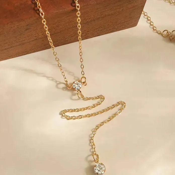 Gold Double Layered Y-Shaped Choker Necklace Featuring Crystal Tassel for Women