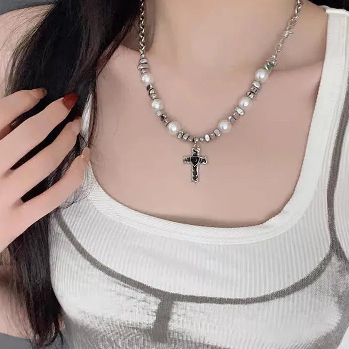 Stainless Steel Black Heart Cross Pendant Necklace Gothic Y2K Punk Choker