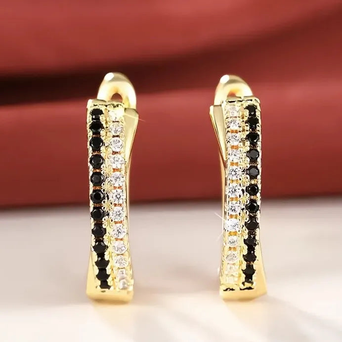 Gold Geometric Hoop Earrings for Women with White & Black Cubic Zirconia