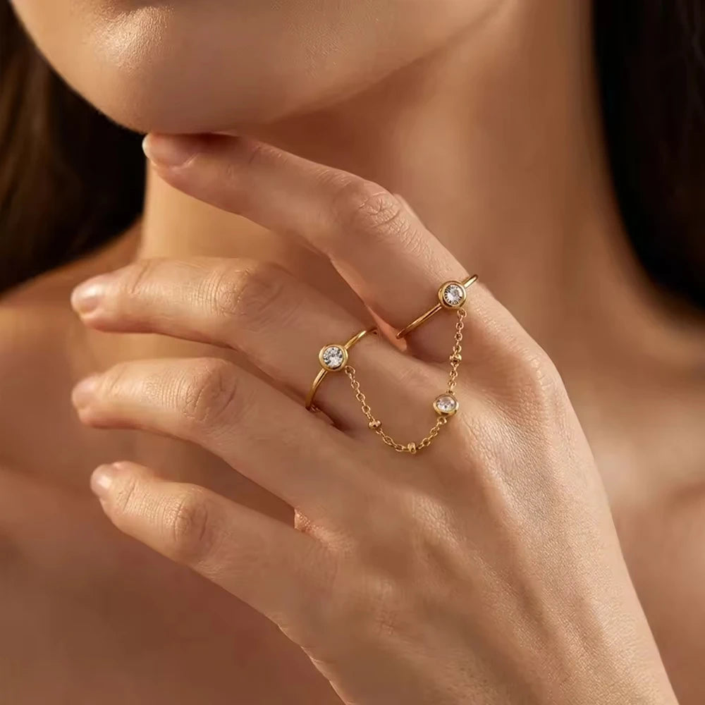 18K Gold Plated Zircon Double Round Chain Ring for Women Vintage Waterproof