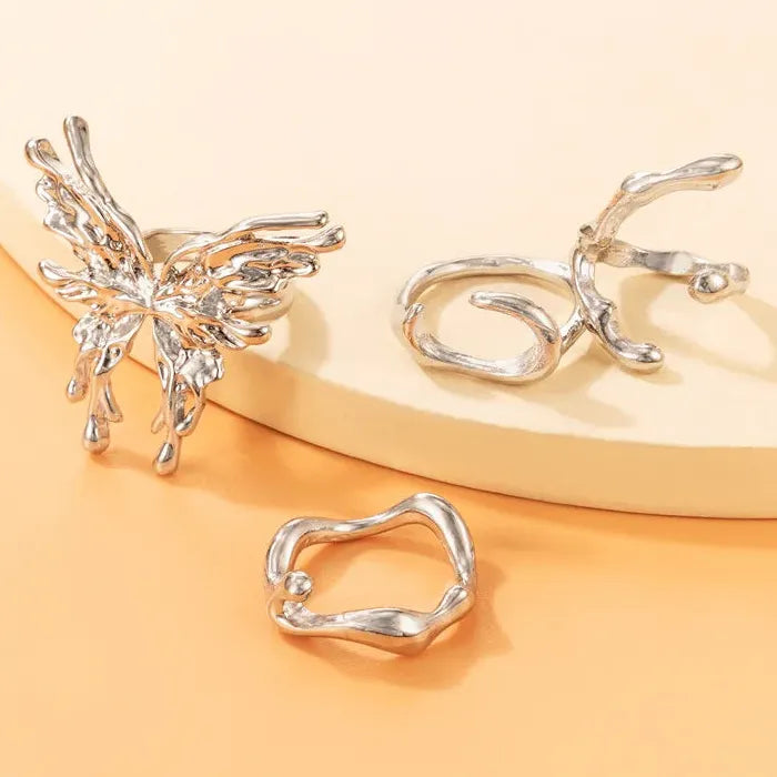Silver Metal Liquid Butterfly Rings Set Women Gothic Punk Jewelry