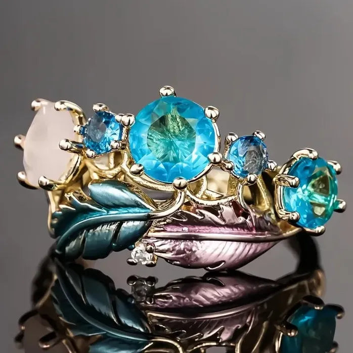Brass Geometric Feather Ring for Women with CZ Wedding Band Jewelry