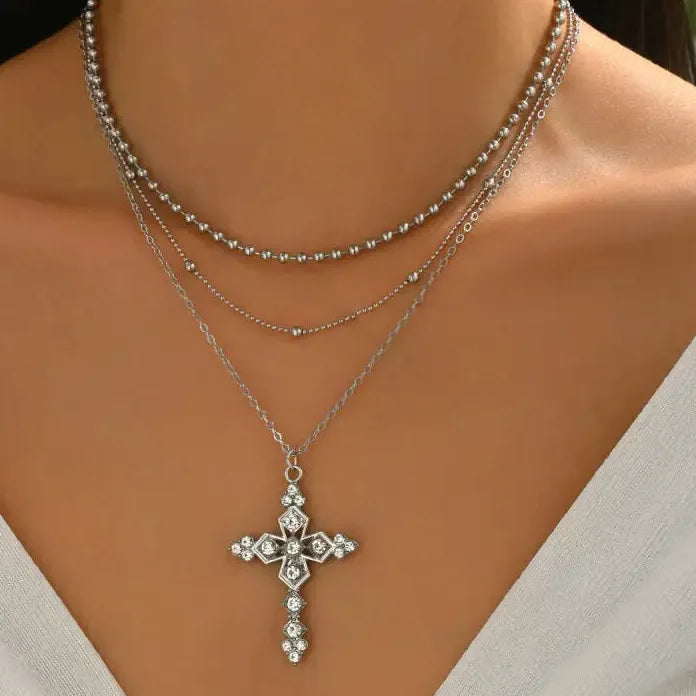 Neo-Gothic Rhinestone Cross Pendant Necklace Punk Choker for Women