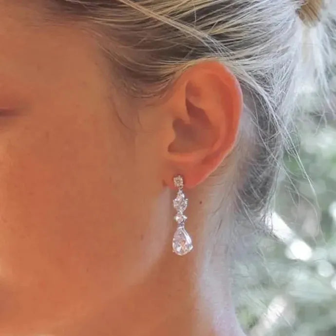 Water Drop Cubic Zirconia Dangle Earrings Silver Color Zinc Alloy Wedding Engagement