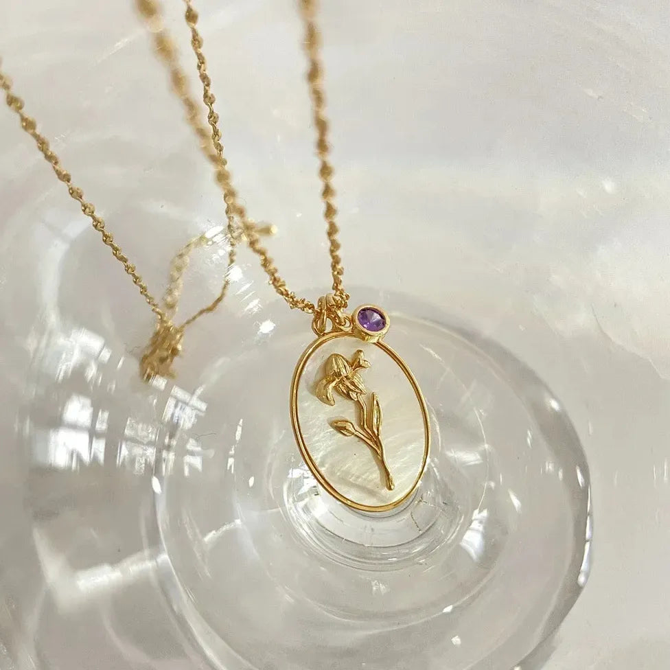 12 Month Birthday Flower Pendant Necklace Stainless Steel White Shell Choker Jewelry