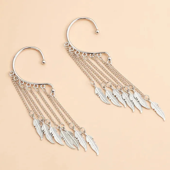 Metal Leaf Multi-Layer Tassel Zinc Alloy Clip-On Ear Wrap Cuff Earrings