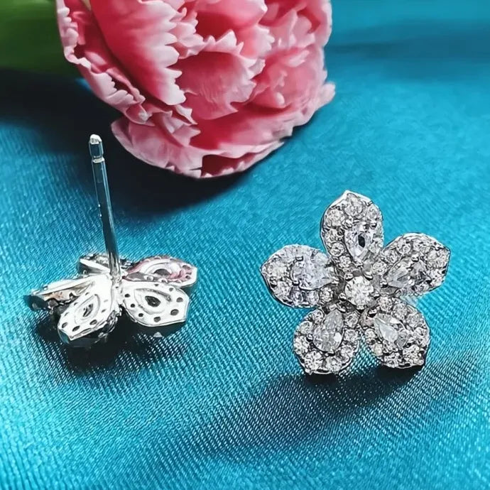 Silver Cubic Zirconia Geometric Flower Earrings for Women Birthday Gift