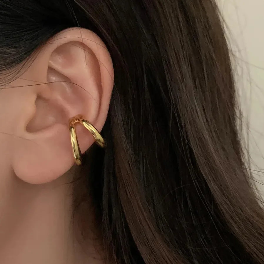 Vintage Gold Silver Double Layered Geometric Clip-On Earrings for Women