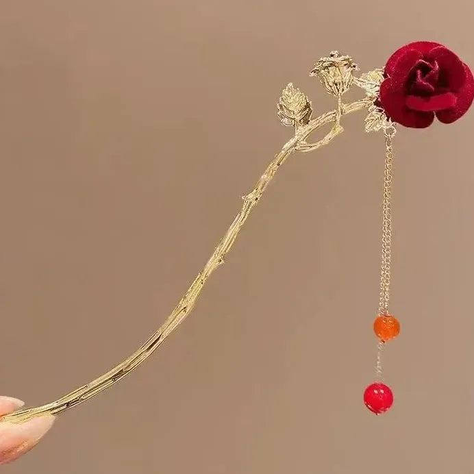 Vintage Chinese Red Rose Alloy Tassel Hair Stick for Women Hairpin