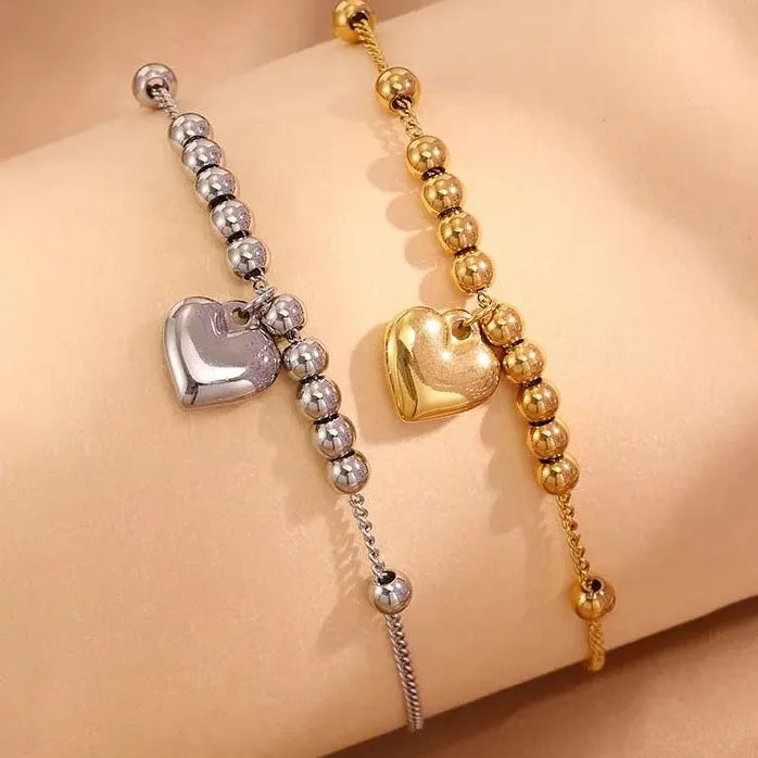 Stainless Steel Gold Heart Pendant Bracelet Women Metal Beaded Bangle Jewelry
