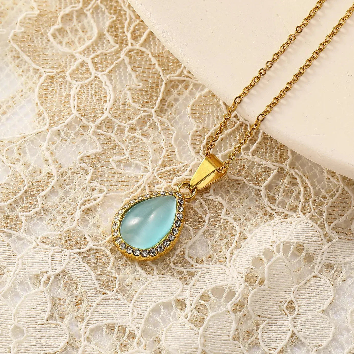 18k Gold Plated Stainless Steel Water Droplet Cat Eye Pendant Necklace Choker Women