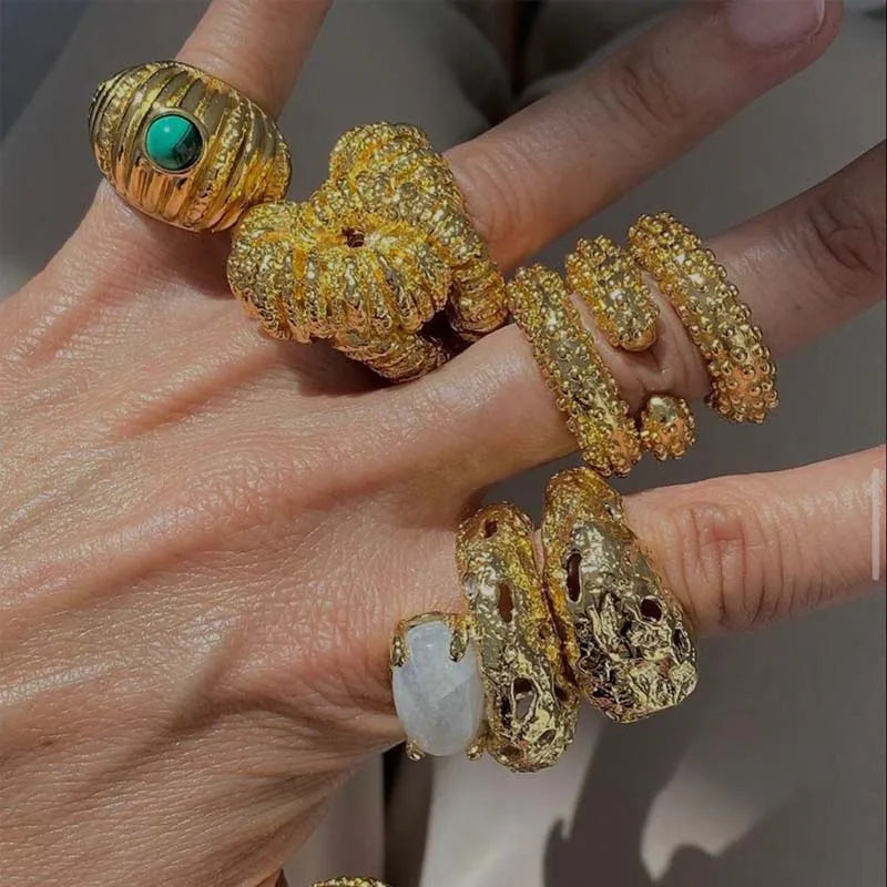 Chunky Oversize Lava Textured Open Ring Adjustable Stainless Steel Gold Plated