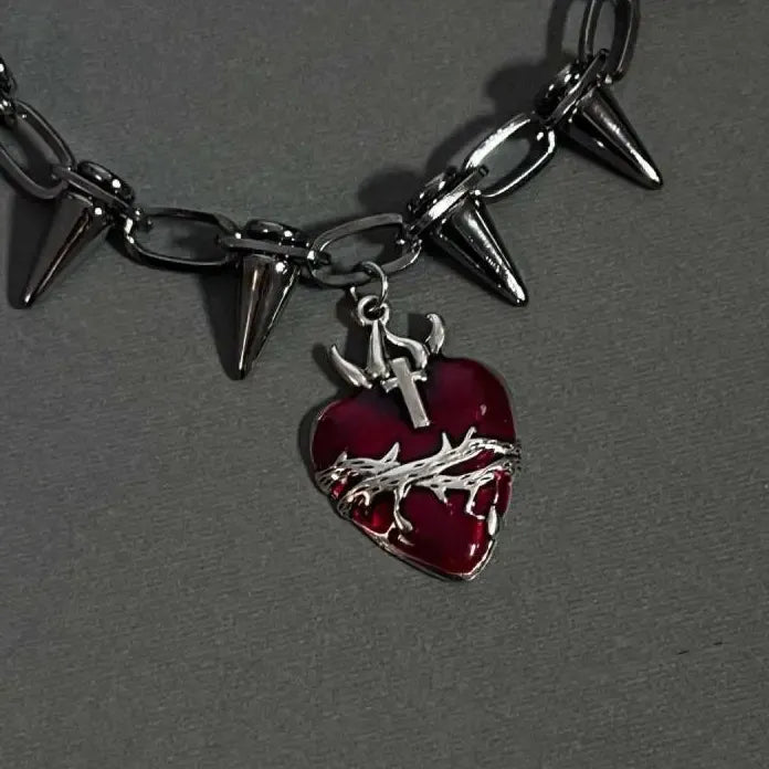 Punk Gothic Red Heart Pendant Necklace Metal Rivet Spike Choker Unisex