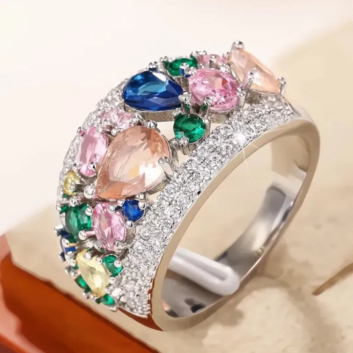 Rainbow Cubic Zirconia Brass Rings for Women Wedding Accessories Luxury Party Jewelry 2023