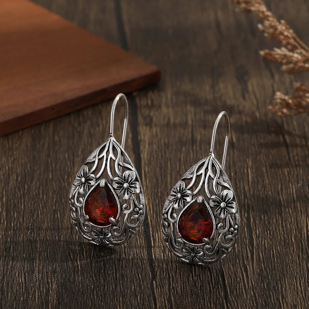 Needle Women's Red Stone Stud Hoop Earrings Zinc Alloy Bohemia Jewelry