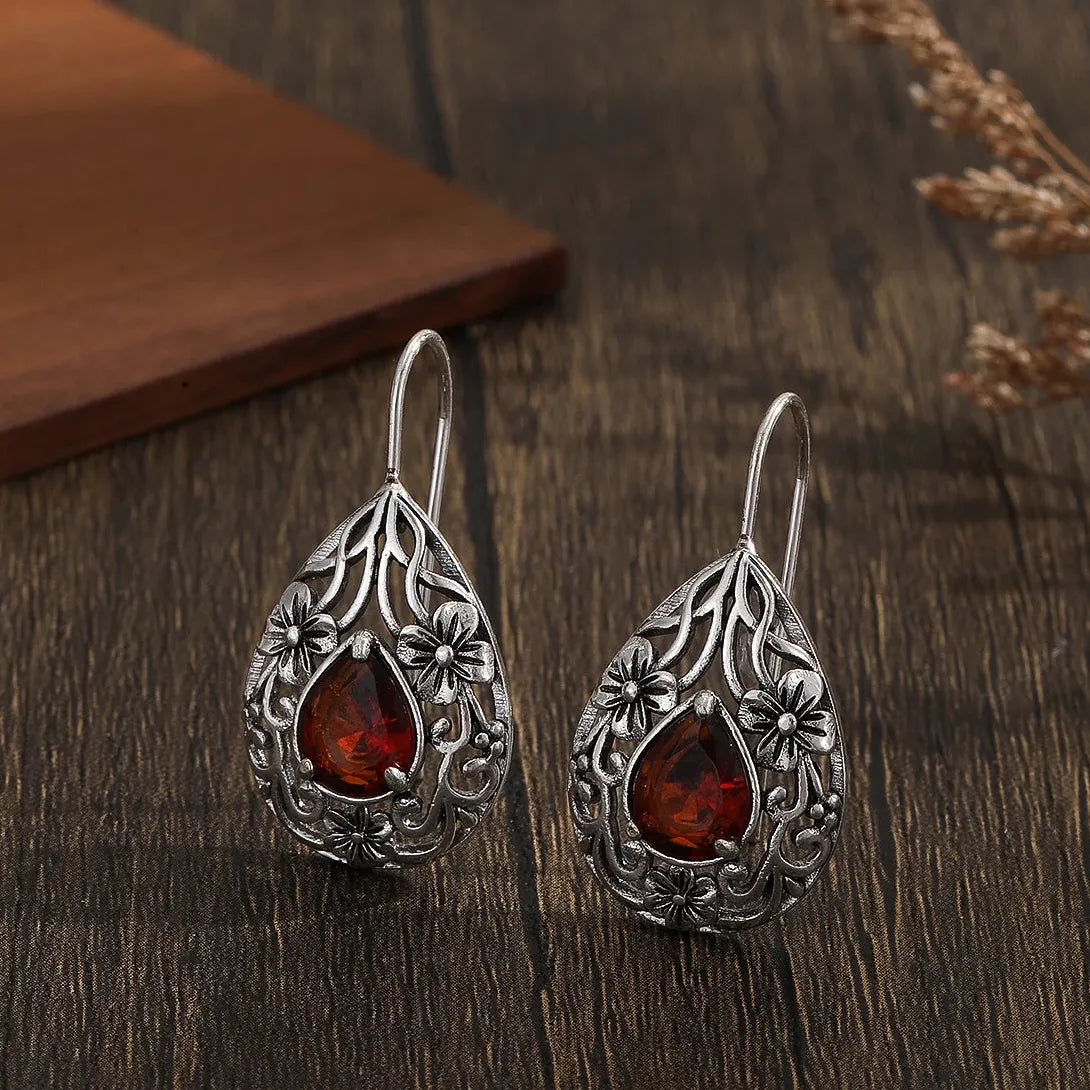 Needle Women's Red Stone Stud Hoop Earrings Zinc Alloy Bohemia Jewelry