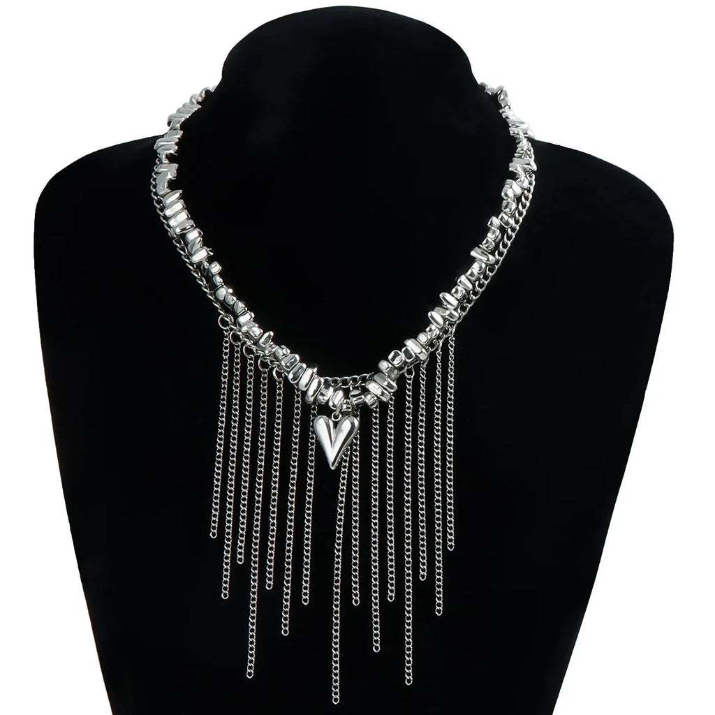 Y2K Zinc Alloy Heart Tassel Crystal Pendant Choker Necklace for Women