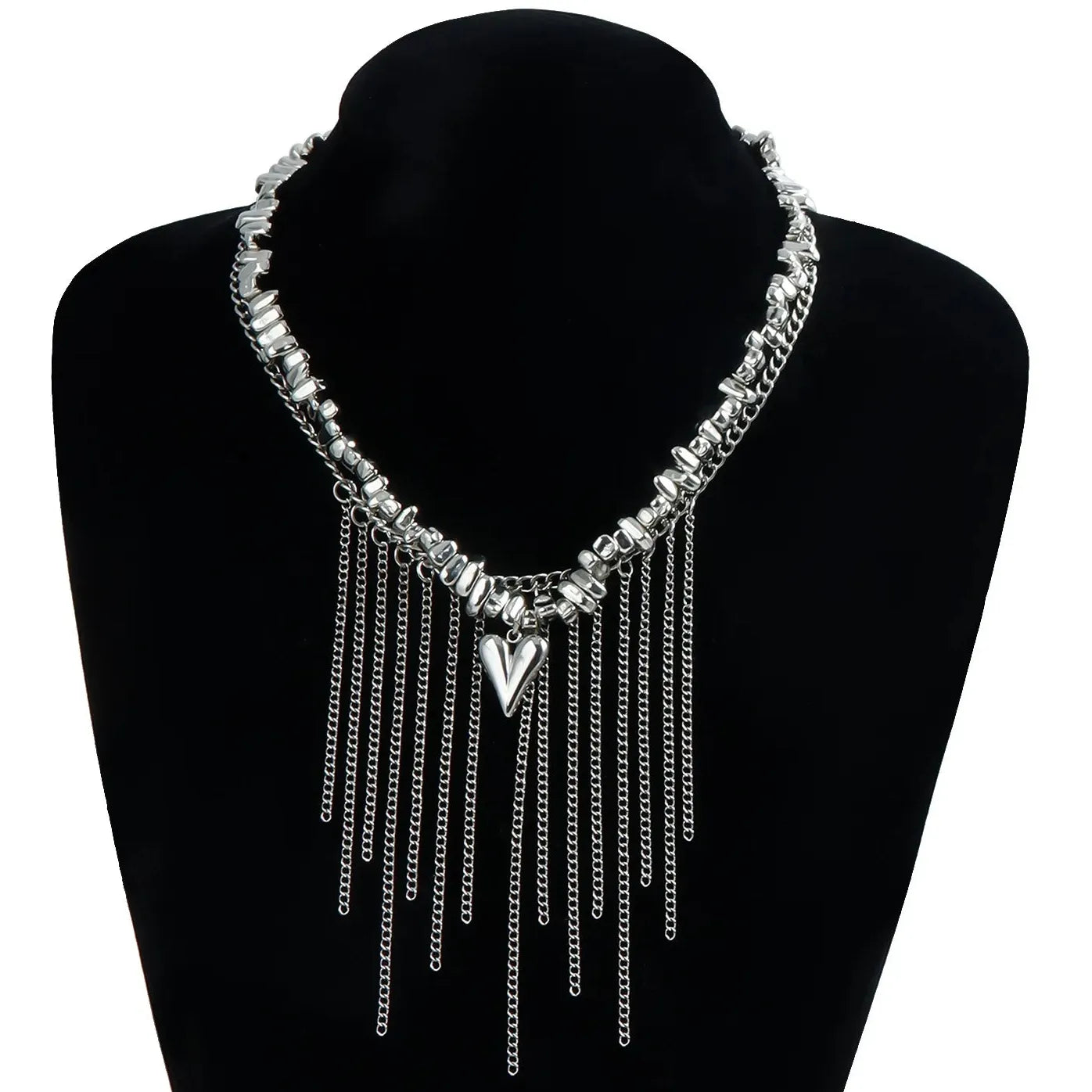 Y2K Zinc Alloy Heart Tassel Crystal Pendant Choker Necklace for Women